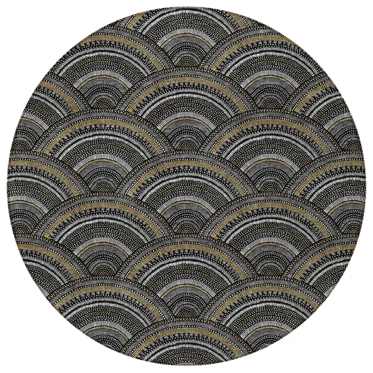 8' Black Ivory And Gold Round Geometric Washable Indoor Outdoor Area Rug