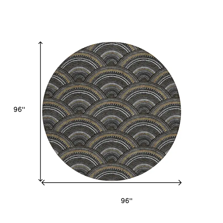 8' Black Ivory And Gold Round Geometric Washable Indoor Outdoor Area Rug