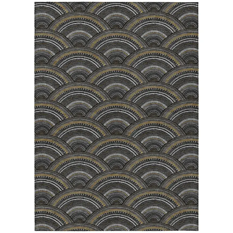8' X 10' Black Ivory And Gold Geometric Washable Indoor Outdoor Area Rug