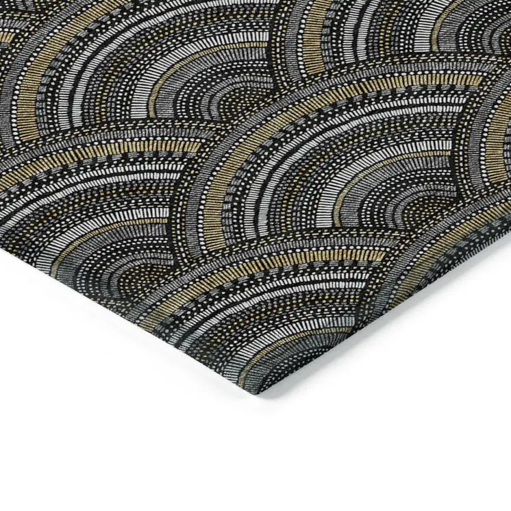 8' X 10' Black Ivory And Gold Geometric Washable Indoor Outdoor Area Rug
