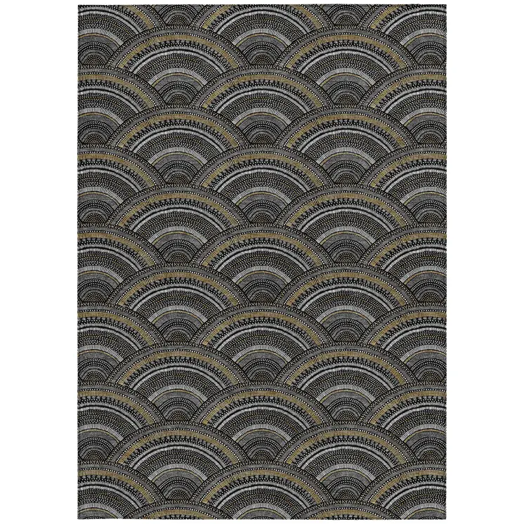 9' X 12' Black Ivory And Gold Geometric Washable Indoor Outdoor Area Rug