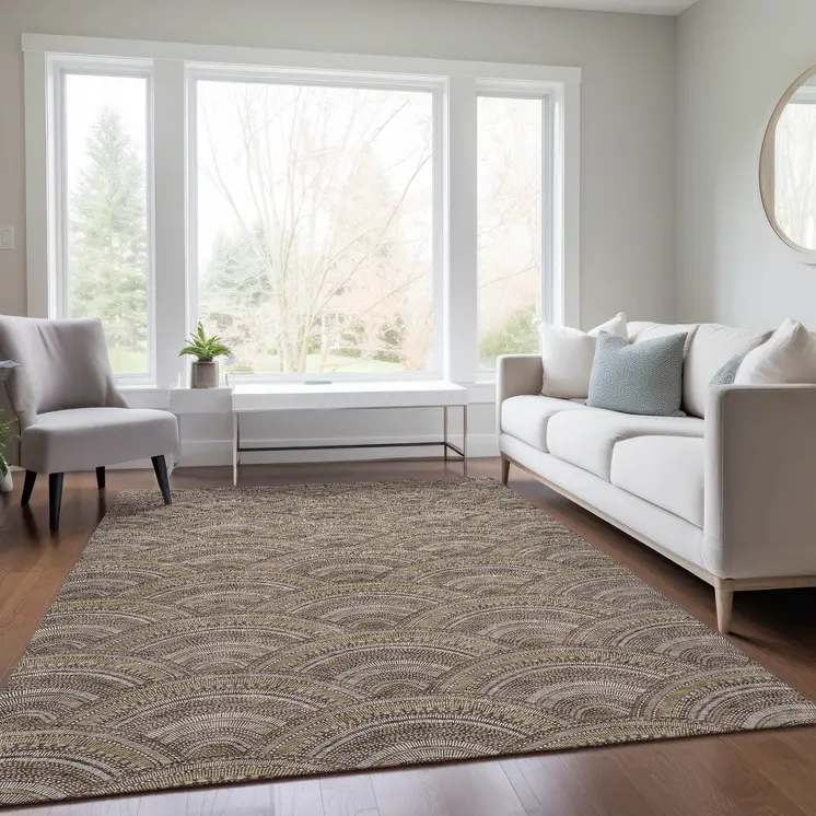 5' X 8' Brown Beige And Taupe Geometric Washable Indoor Outdoor Area Rug