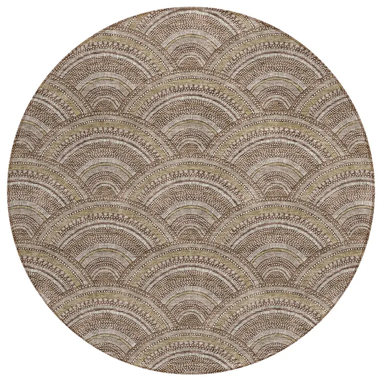 8' Brown Beige And Taupe Round Geometric Washable Indoor Outdoor Area Rug