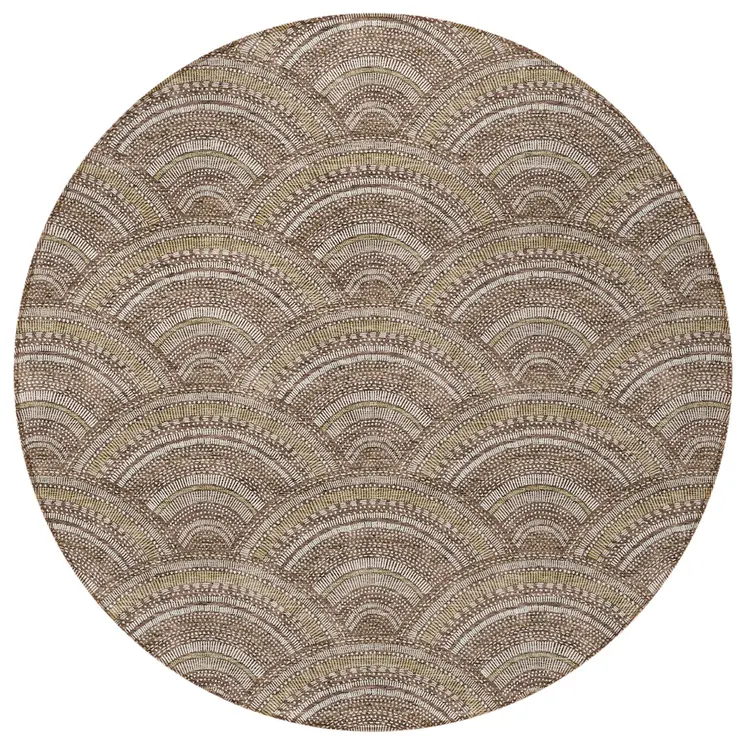 8' Brown Beige And Taupe Round Geometric Washable Indoor Outdoor Area Rug