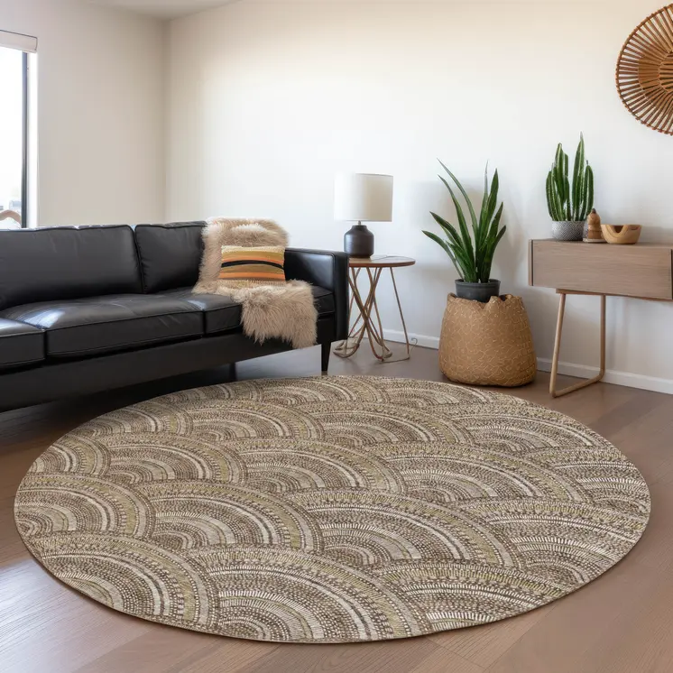 8' Brown Beige And Taupe Round Geometric Washable Indoor Outdoor Area Rug