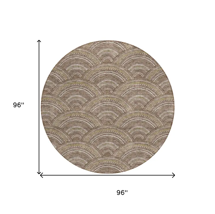 8' Brown Beige And Taupe Round Geometric Washable Indoor Outdoor Area Rug