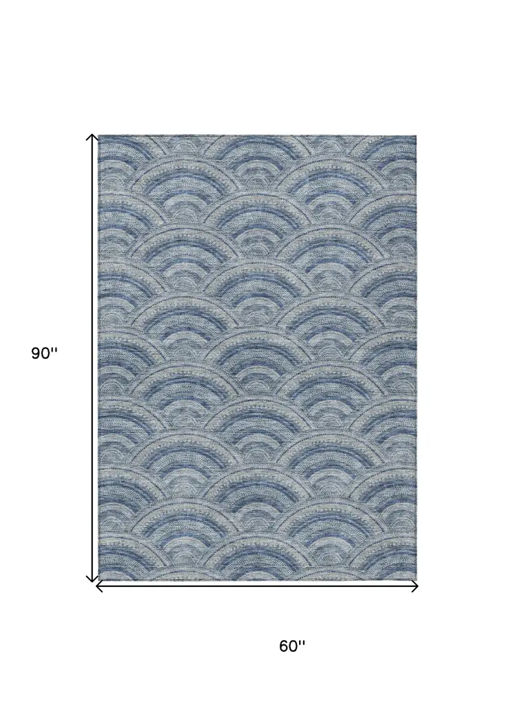 5' X 8' Denim Blue Navy Blue And Ivory Geometric Washable Indoor Outdoor Area Rug