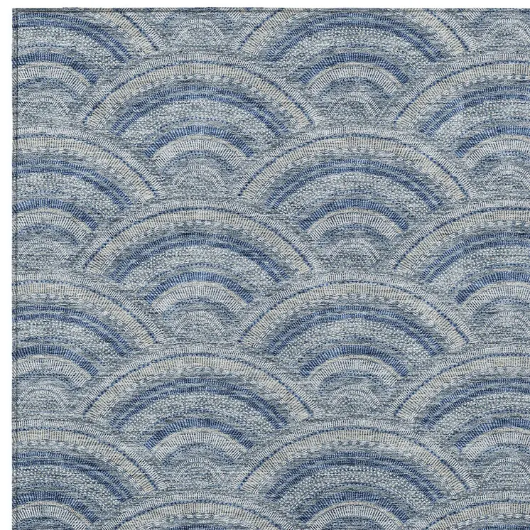 5' X 8' Denim Blue Navy Blue And Ivory Geometric Washable Indoor Outdoor Area Rug
