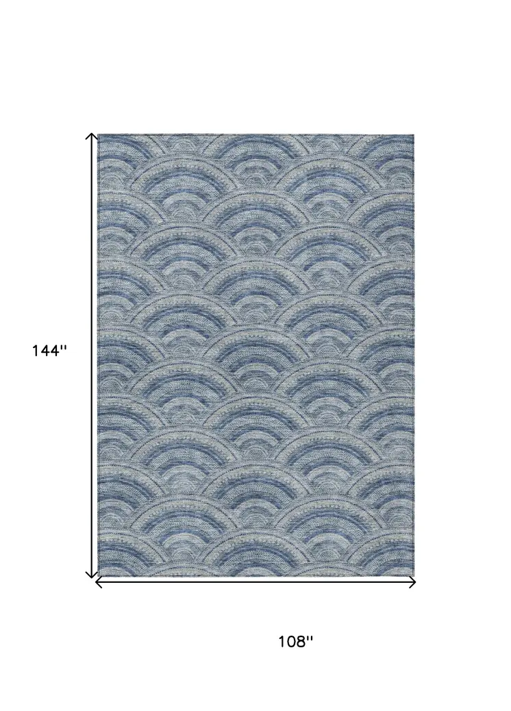9' X 12' Denim Blue Navy Blue And Ivory Geometric Washable Indoor Outdoor Area Rug