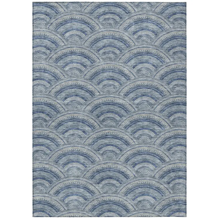 9' X 12' Denim Blue Navy Blue And Ivory Geometric Washable Indoor Outdoor Area Rug