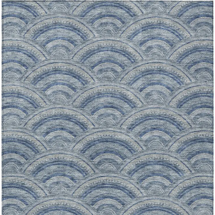10' X 14' Denim Blue Navy Blue And Ivory Geometric Washable Indoor Outdoor Area Rug