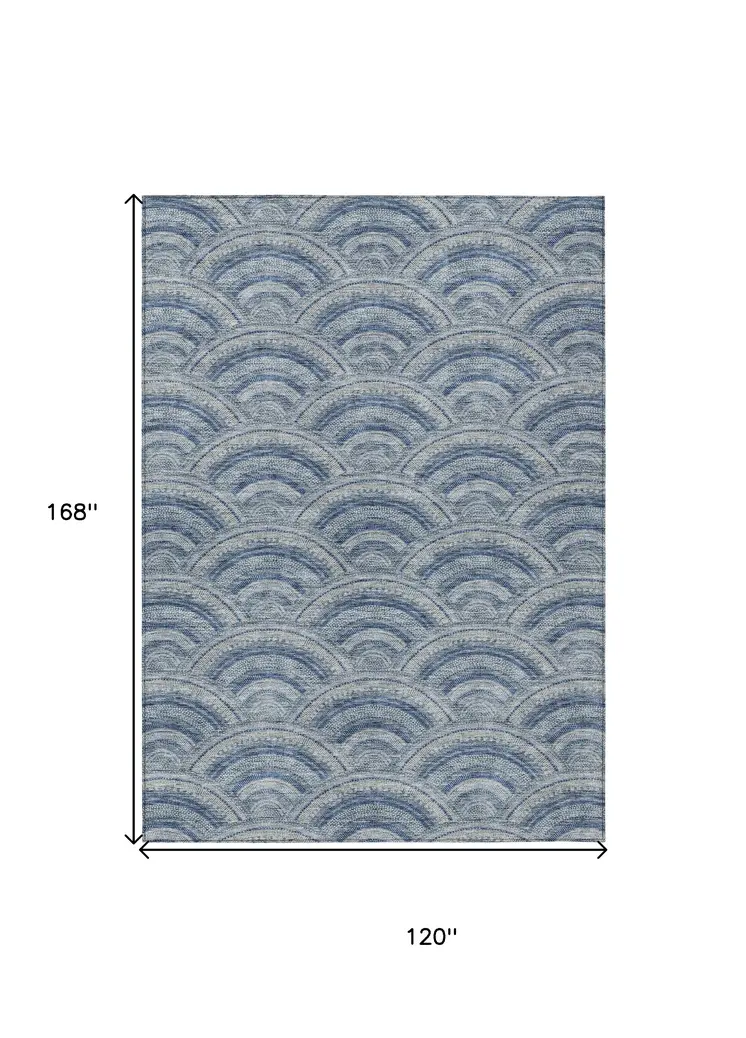 10' X 14' Denim Blue Navy Blue And Ivory Geometric Washable Indoor Outdoor Area Rug