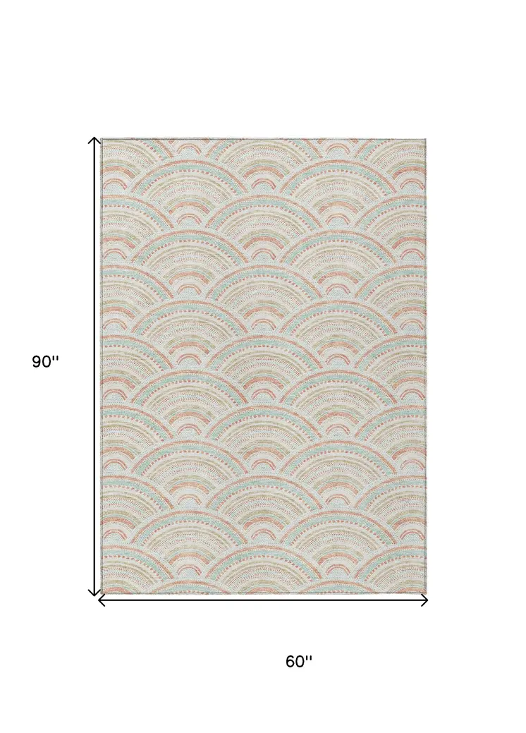 5' X 8' Linen Orange And Ivory Geometric Washable Indoor Outdoor Area Rug
