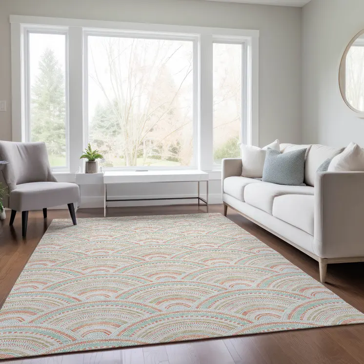 5' X 8' Linen Orange And Ivory Geometric Washable Indoor Outdoor Area Rug