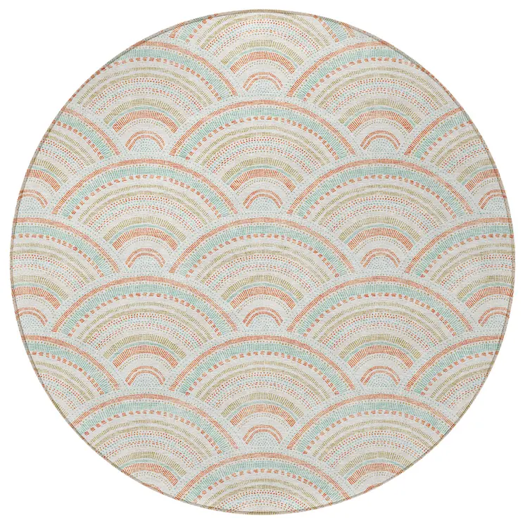 8' Linen Orange And Ivory Round Geometric Washable Indoor Outdoor Area Rug