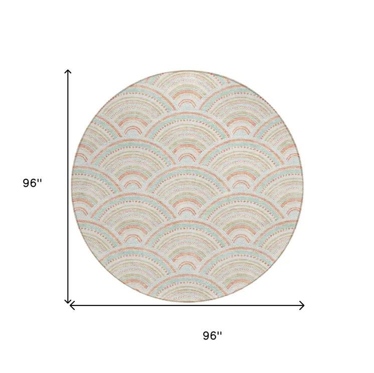 8' Linen Orange And Ivory Round Geometric Washable Indoor Outdoor Area Rug
