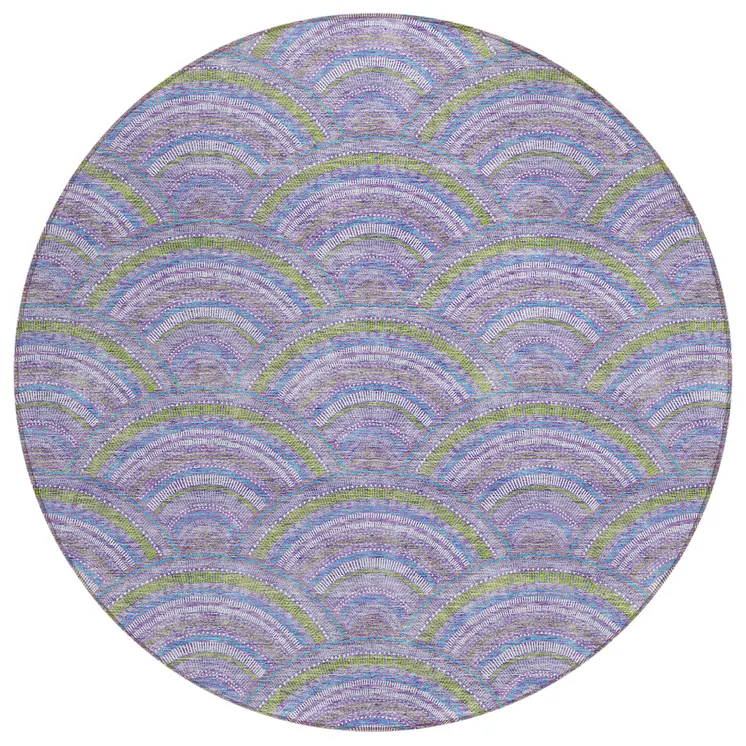 8' Lavender Sage And Ivory Round Geometric Washable Indoor Outdoor Area Rug