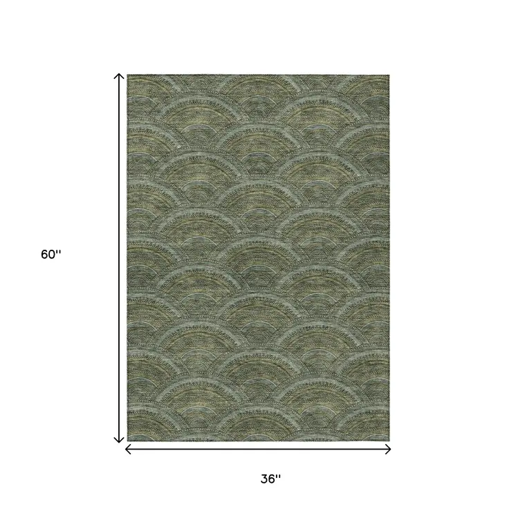3' X 5' Olive Green Fern Green And Silver Geometric Washable Indoor Outdoor Area Rug