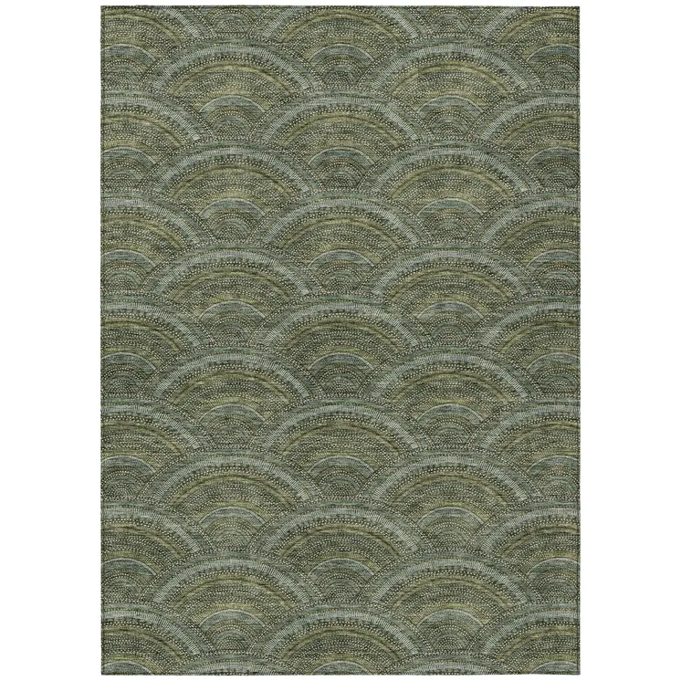 3' X 5' Olive Green Fern Green And Silver Geometric Washable Indoor Outdoor Area Rug