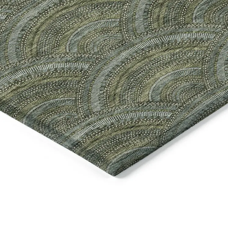 3' X 5' Olive Green Fern Green And Silver Geometric Washable Indoor Outdoor Area Rug