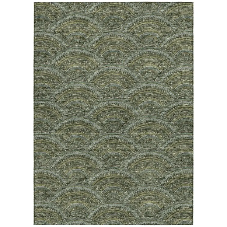 5' X 8' Olive Green Fern Green And Silver Geometric Washable Indoor Outdoor Area Rug