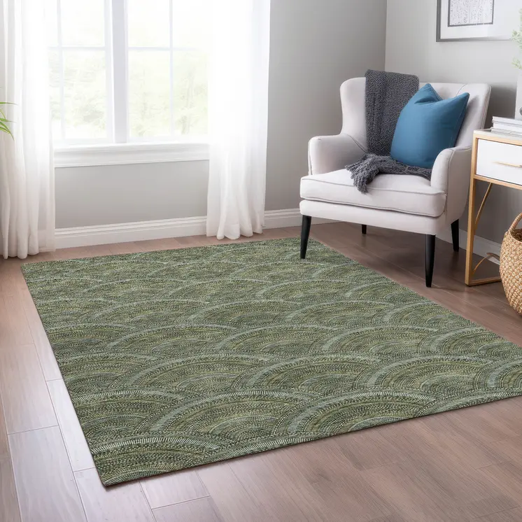 5' X 8' Olive Green Fern Green And Silver Geometric Washable Indoor Outdoor Area Rug