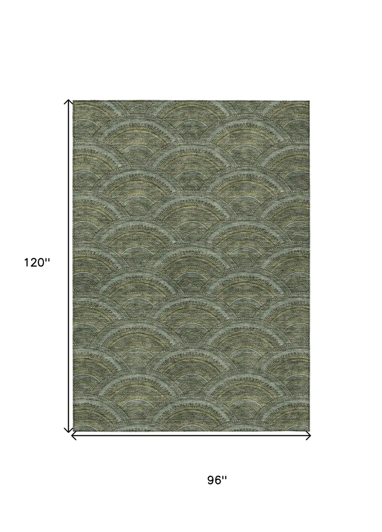 8' X 10' Olive Green Fern Green And Silver Geometric Washable Indoor Outdoor Area Rug