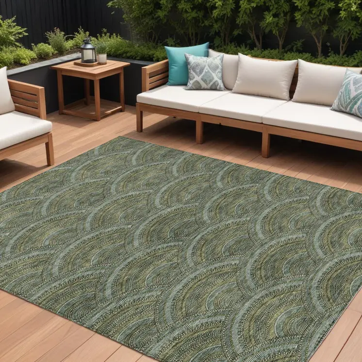 8' X 10' Olive Green Fern Green And Silver Geometric Washable Indoor Outdoor Area Rug