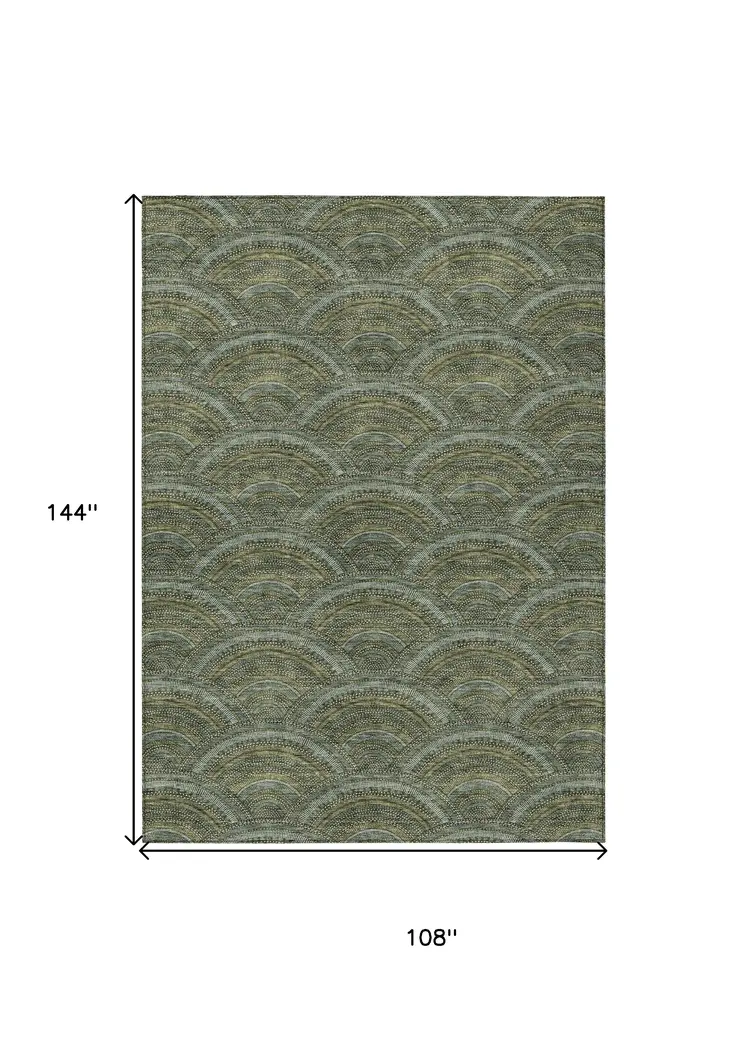 9' X 12' Olive Green Fern Green And Silver Geometric Washable Indoor Outdoor Area Rug
