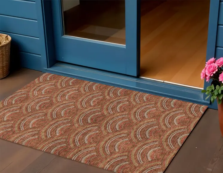 3' X 5' Orange Gold And Ivory Geometric Washable Indoor Outdoor Area Rug