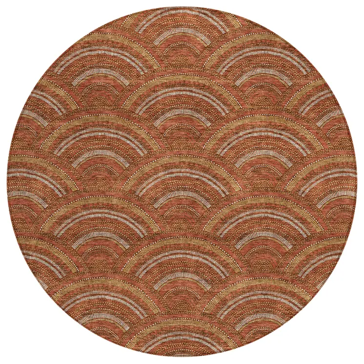 8' Orange Gold And Ivory Round Geometric Washable Indoor Outdoor Area Rug