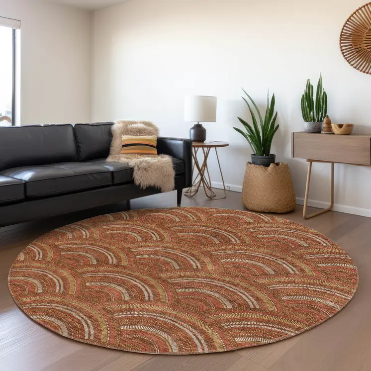 8' Orange Gold And Ivory Round Geometric Washable Indoor Outdoor Area Rug