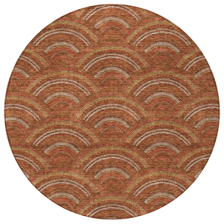 8' Orange Gold And Ivory Round Geometric Washable Indoor Outdoor Area Rug