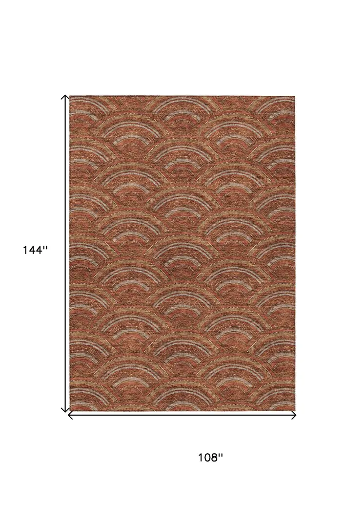 9' X 12' Orange Gold And Ivory Geometric Washable Indoor Outdoor Area Rug