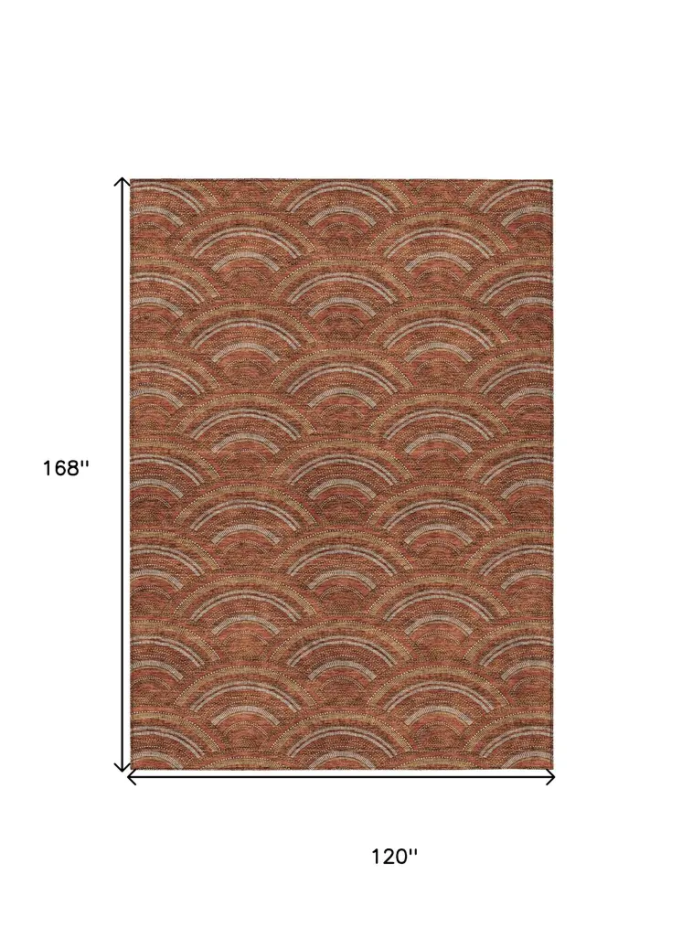 10' X 14' Orange Gold And Ivory Geometric Washable Indoor Outdoor Area Rug