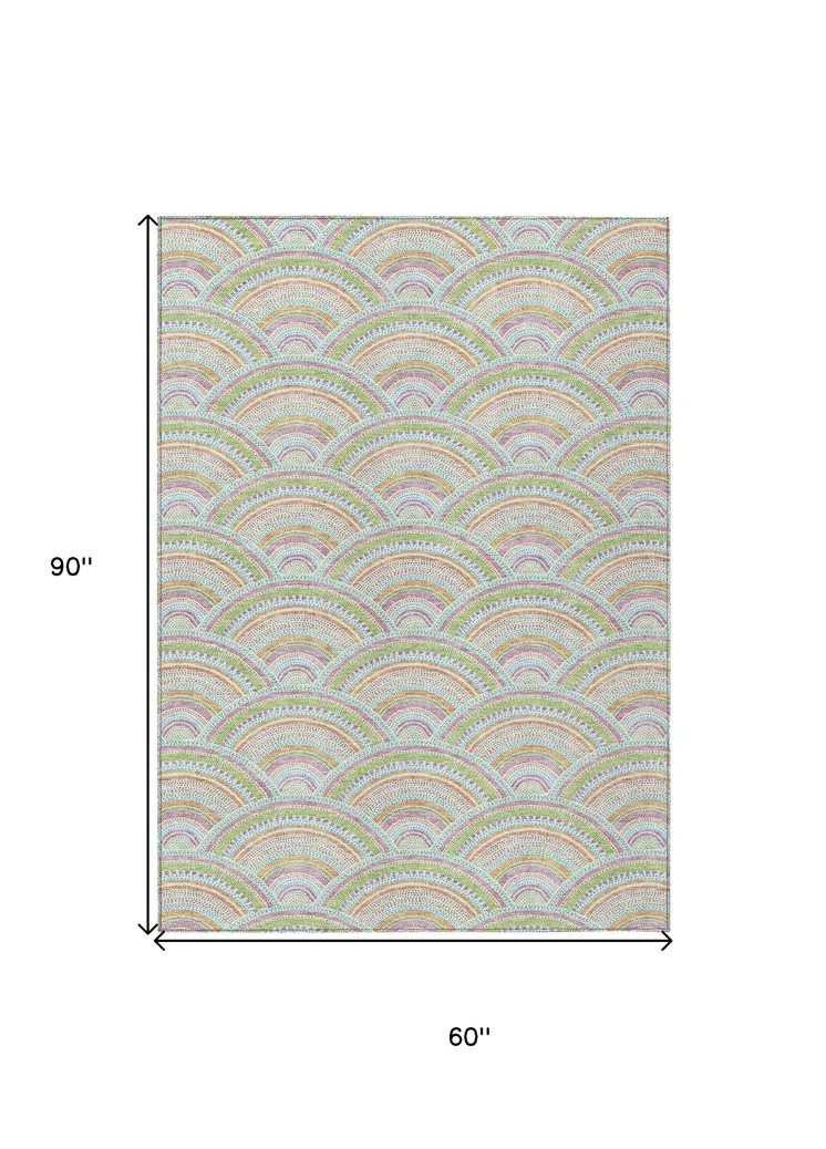 5' X 8' Pearl Orange And Purple Geometric Washable Indoor Outdoor Area Rug