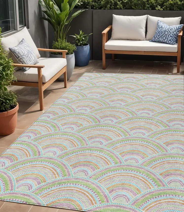 5' X 8' Pearl Orange And Purple Geometric Washable Indoor Outdoor Area Rug