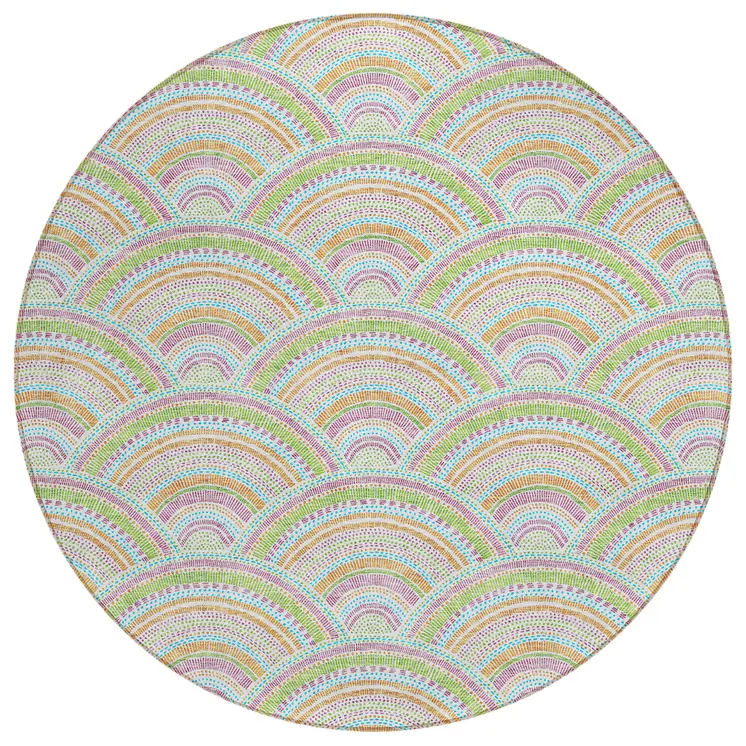 8' Pearl Orange And Purple Round Geometric Washable Indoor Outdoor Area Rug