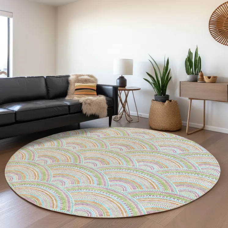 8' Pearl Orange And Purple Round Geometric Washable Indoor Outdoor Area Rug