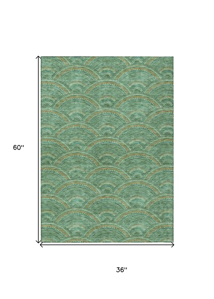 3' X 5' Sage Fern Green And Peach Geometric Washable Indoor Outdoor Area Rug