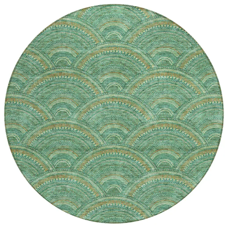 8' Sage Fern Green And Peach Round Geometric Washable Indoor Outdoor Area Rug