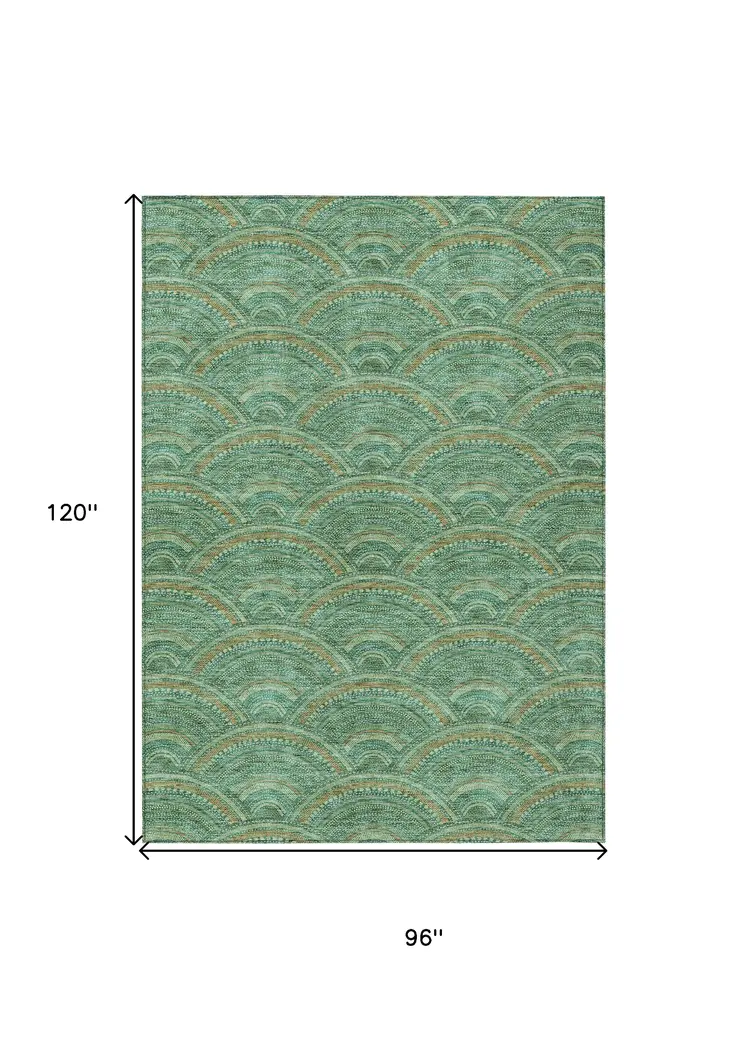 8' X 10' Sage Fern Green And Peach Geometric Washable Indoor Outdoor Area Rug