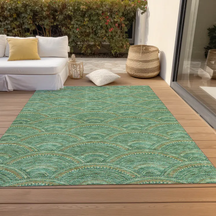 8' X 10' Sage Fern Green And Peach Geometric Washable Indoor Outdoor Area Rug