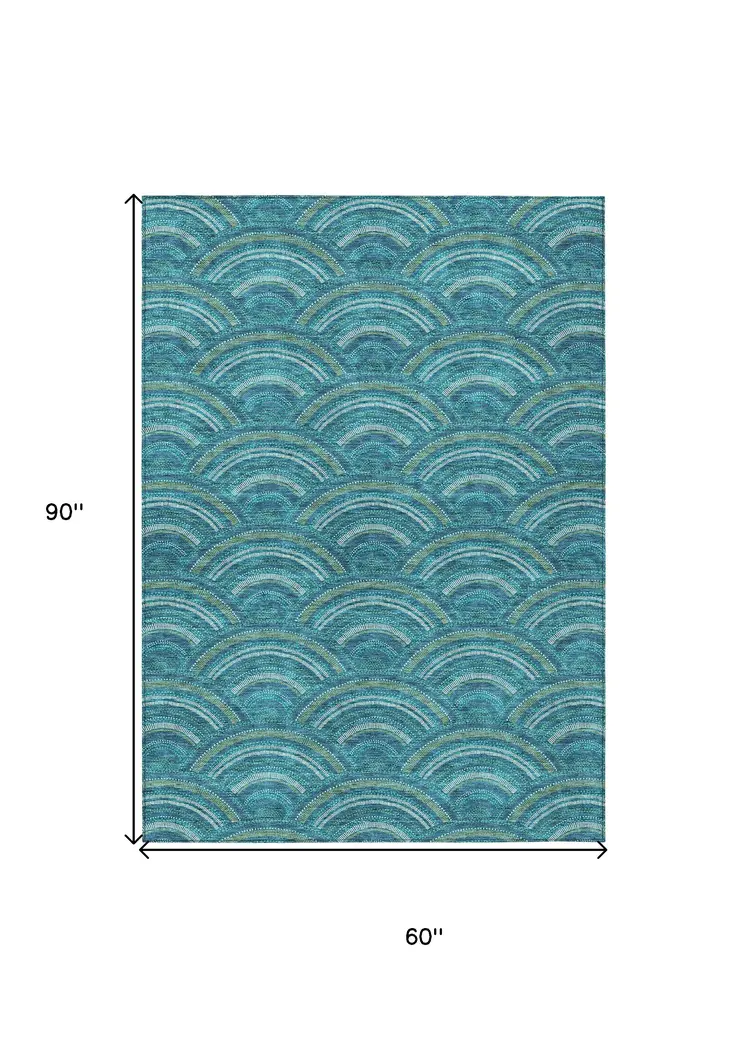 5' X 8' Teal Blue Fern Green And Ivory Geometric Washable Indoor Outdoor Area Rug
