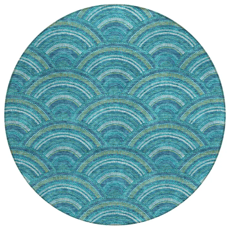 8' Teal Blue Fern Green And Ivory Round Geometric Washable Indoor Outdoor Area Rug