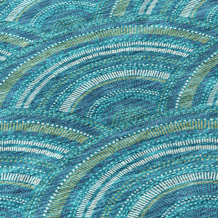 8' Teal Blue Fern Green And Ivory Round Geometric Washable Indoor Outdoor Area Rug