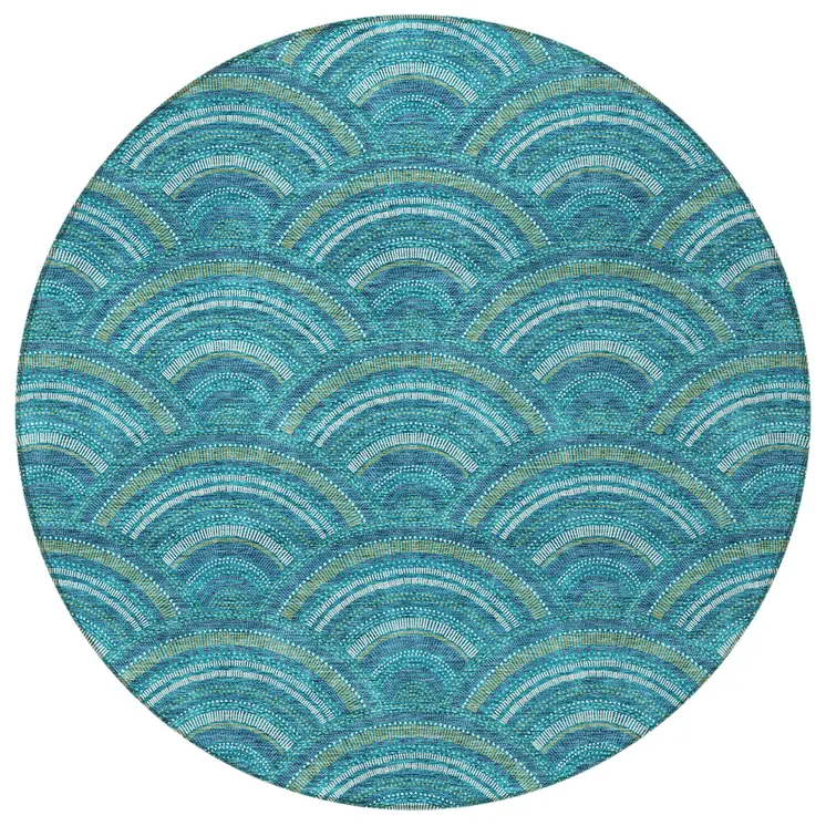 8' Teal Blue Fern Green And Ivory Round Geometric Washable Indoor Outdoor Area Rug