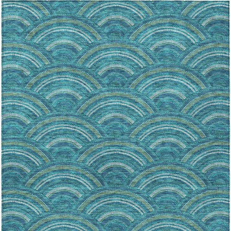 8' X 10' Teal Blue Fern Green And Ivory Geometric Washable Indoor Outdoor Area Rug