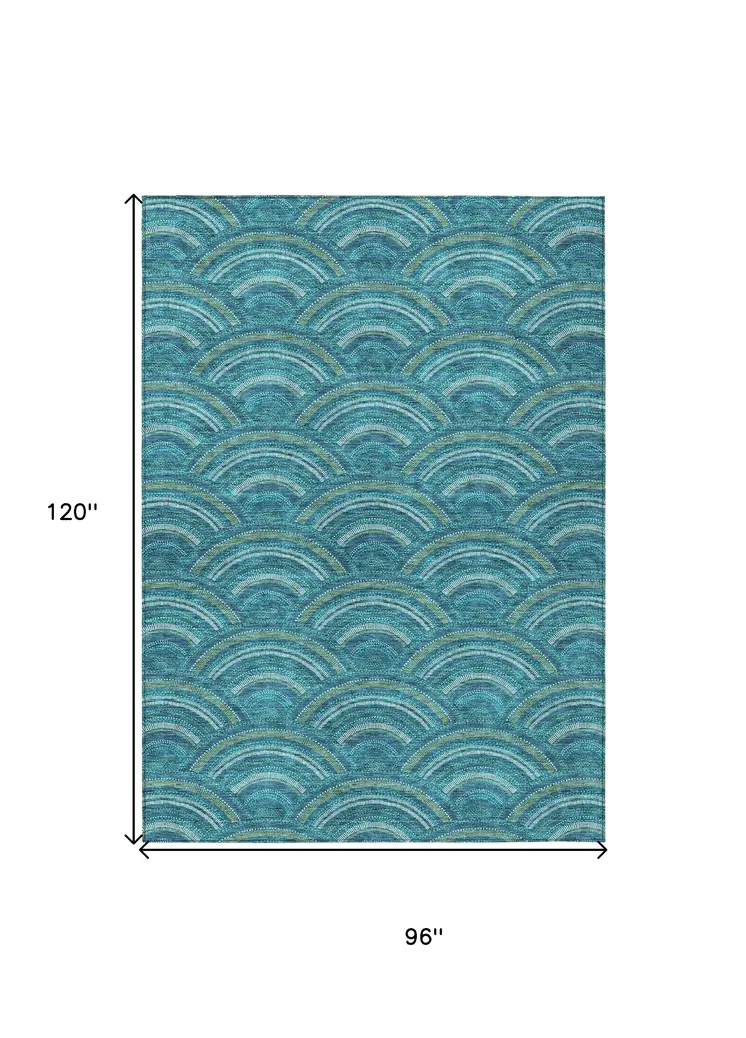 8' X 10' Teal Blue Fern Green And Ivory Geometric Washable Indoor Outdoor Area Rug