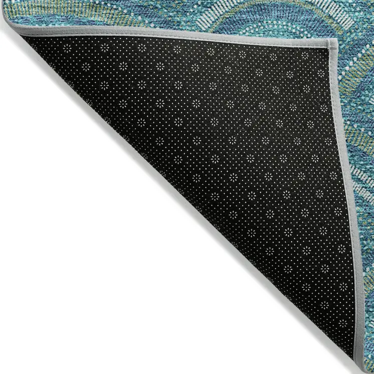8' X 10' Teal Blue Fern Green And Ivory Geometric Washable Indoor Outdoor Area Rug